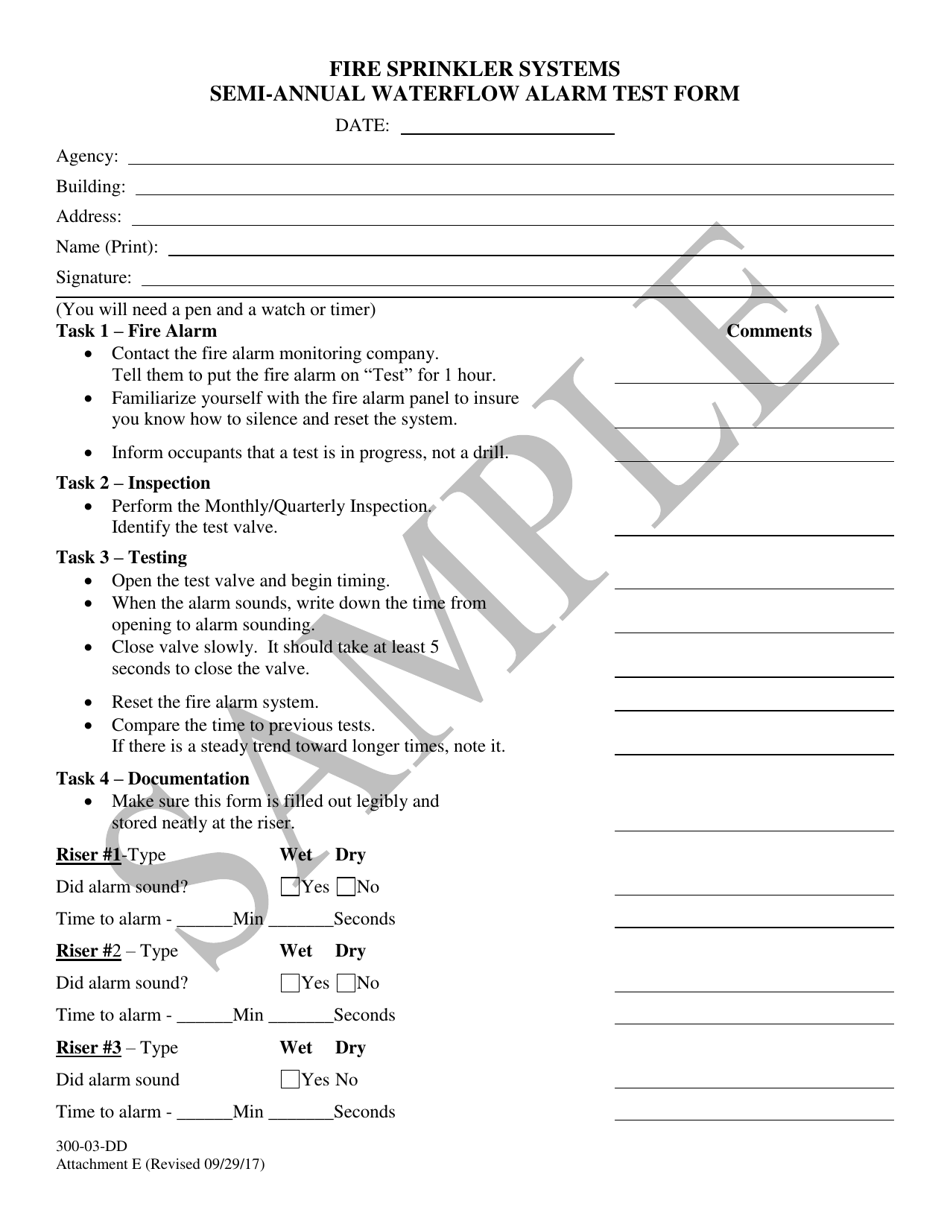 Attachment E Fire Sprinkler Systems Semi-annual Waterflow Alarm Test Form - Sample - South Carolina, Page 1
