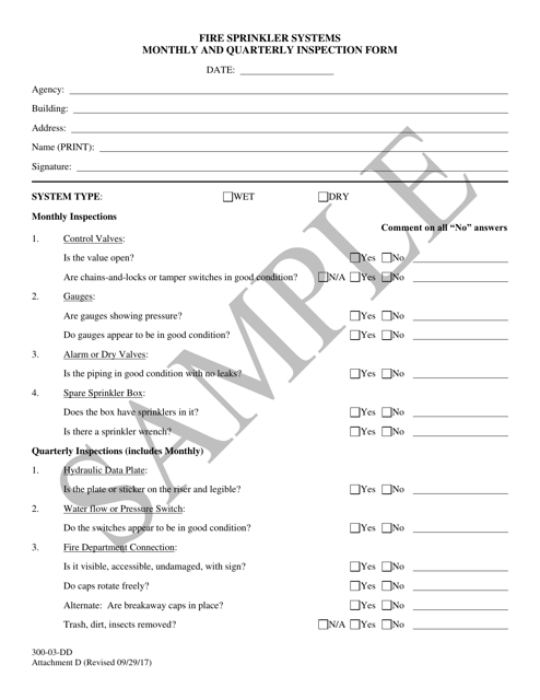 Attachment D Fire Sprinkler Systems Monthly and Quarterly Inspection Form - Sample - South Carolina