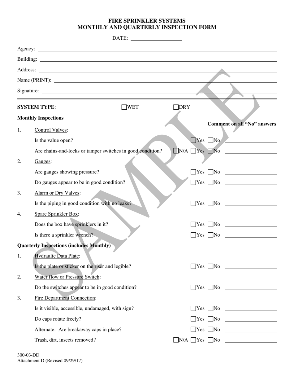 Attachment D Fire Sprinkler Systems Monthly and Quarterly Inspection Form - Sample - South Carolina, Page 1