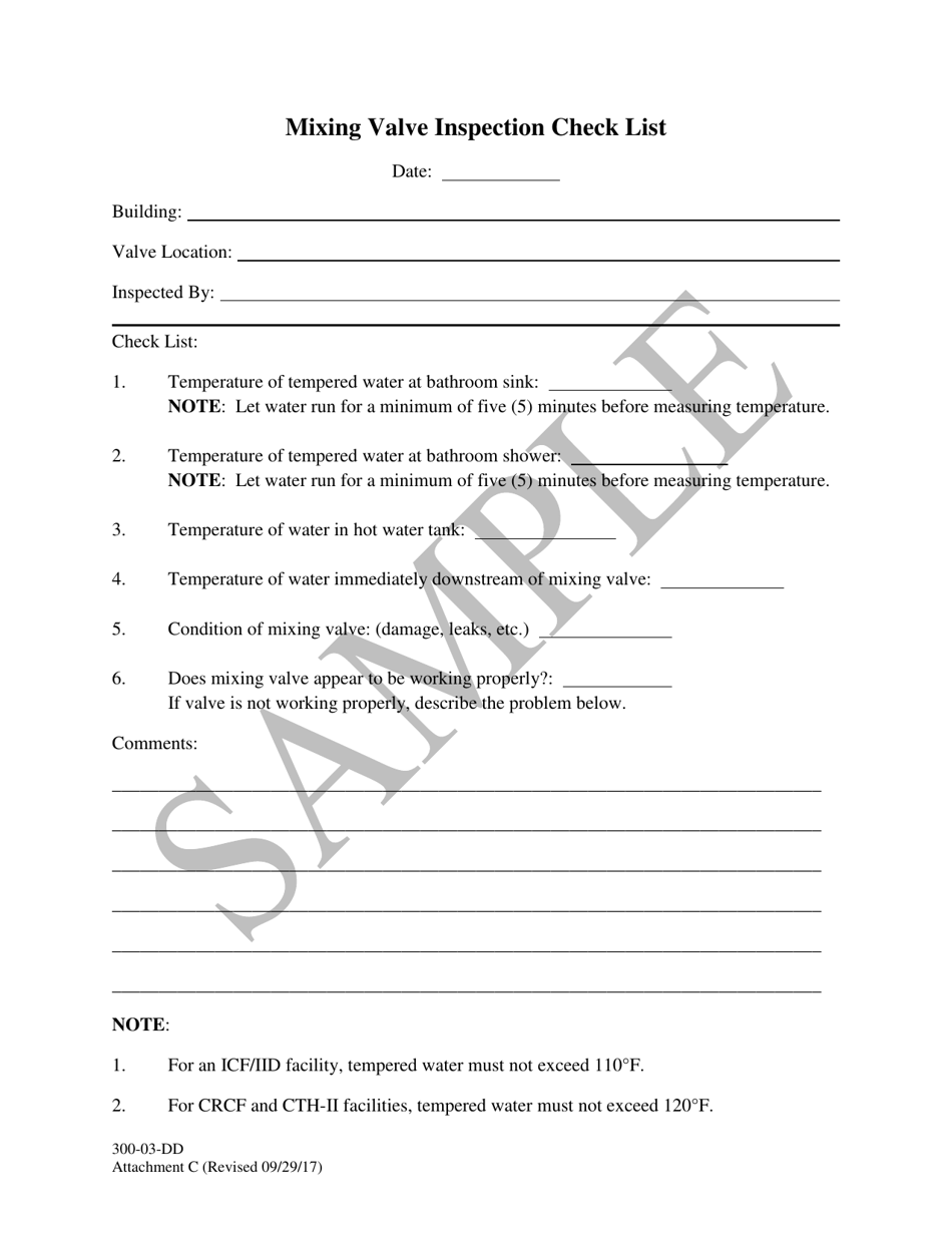 Attachment C Mixing Valve Inspection Check List - Sample - South Carolina, Page 1