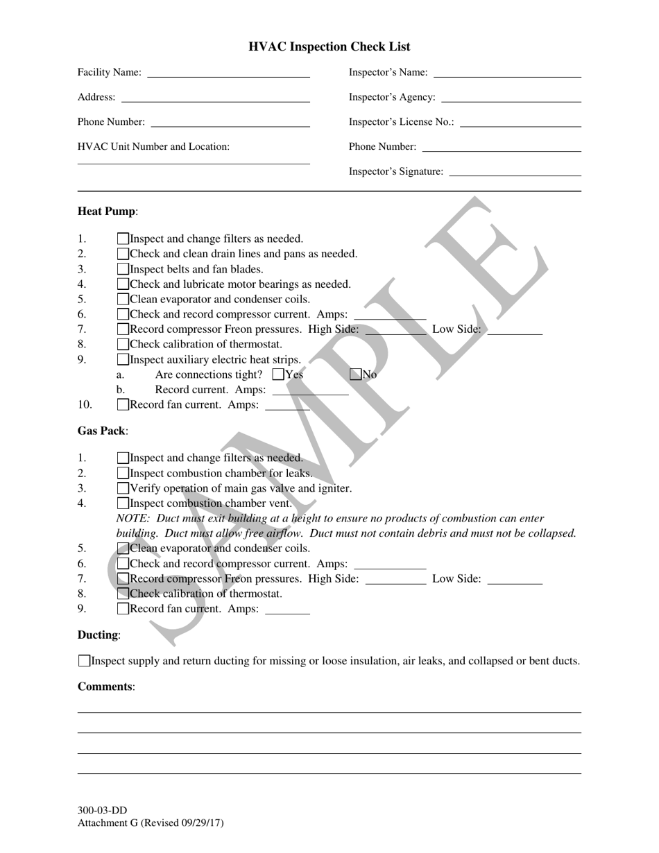 Attachment G Hvac Inspection Check List - Sample - South Carolina, Page 1