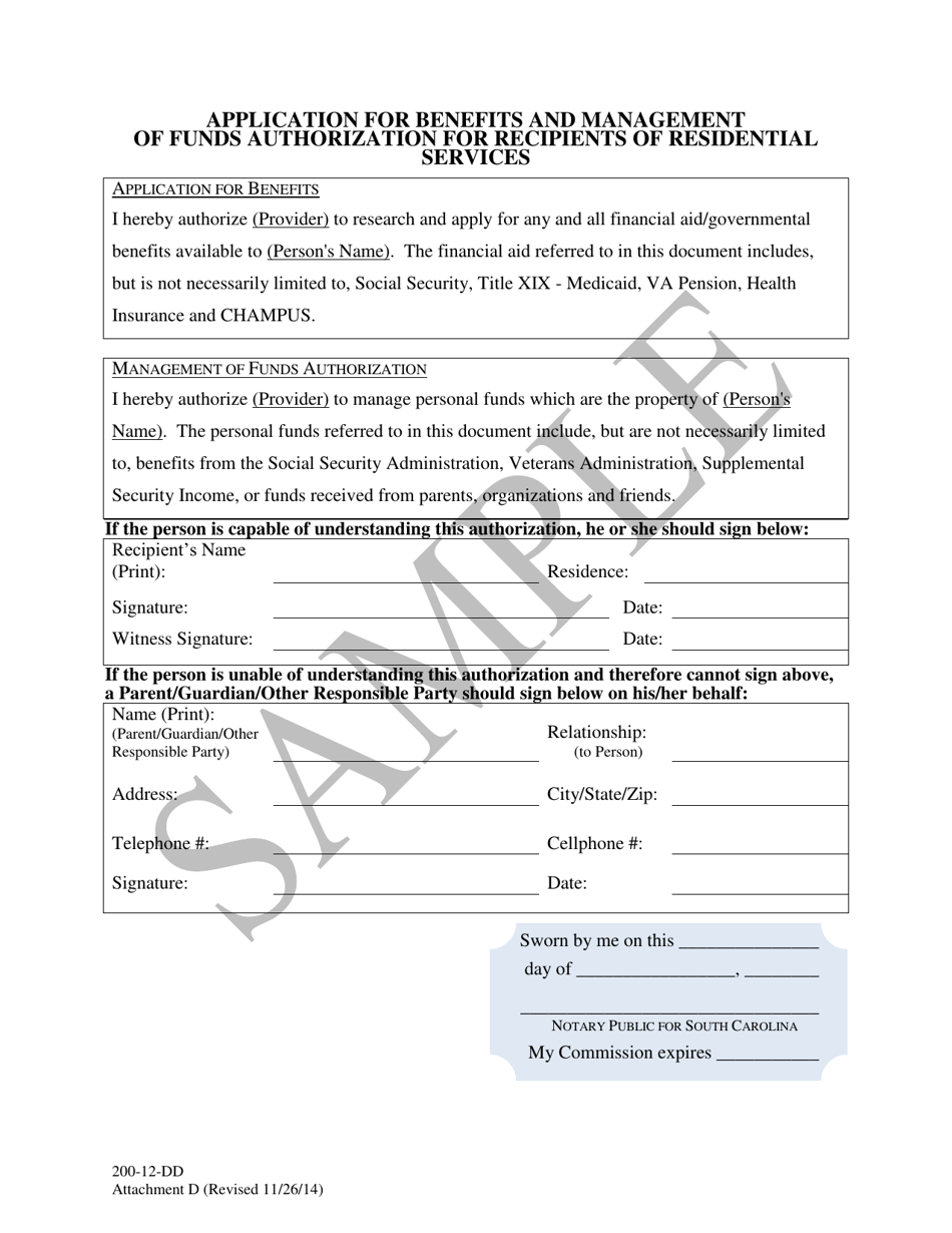 Attachment D Application for Benefits and Management of Funds Authorization for Recipients of Residential Services - Sample - South Carolina, Page 1