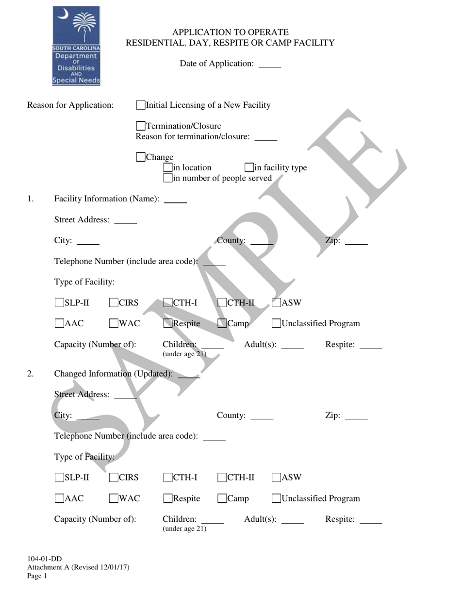 Attachment A Application to Operate Residential, Day, Respite or Camp Facility - Sample - South Carolina, Page 1