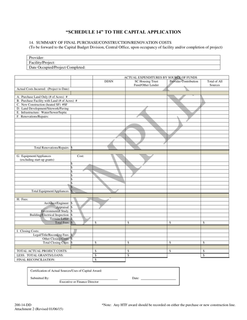 Attachment 2 &quot;schedule 14&quot; to the Capital Application - Summary of Final Purchase/Construction/Renovation Costs - Sample - South Carolina