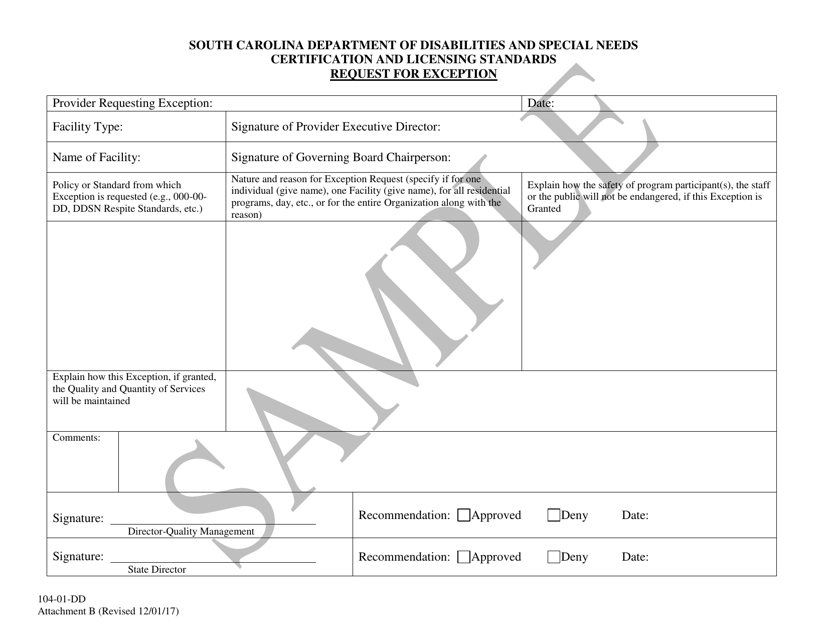 Attachment B Request for Exception Form - Sample - South Carolina