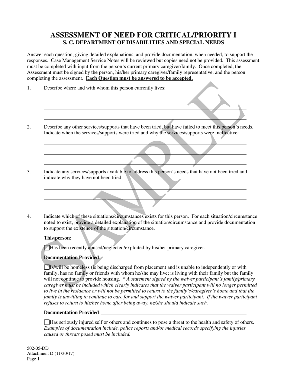 Attachment D Assessment of Need for Critical/Priority I - Sample - South Carolina, Page 1