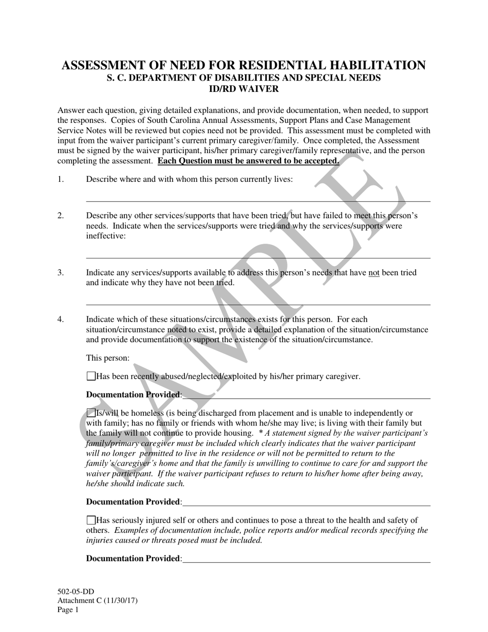Attachment C Assessment of Need for Residential Habilitation - Id / Rd Waiver - Sample - South Carolina, Page 1