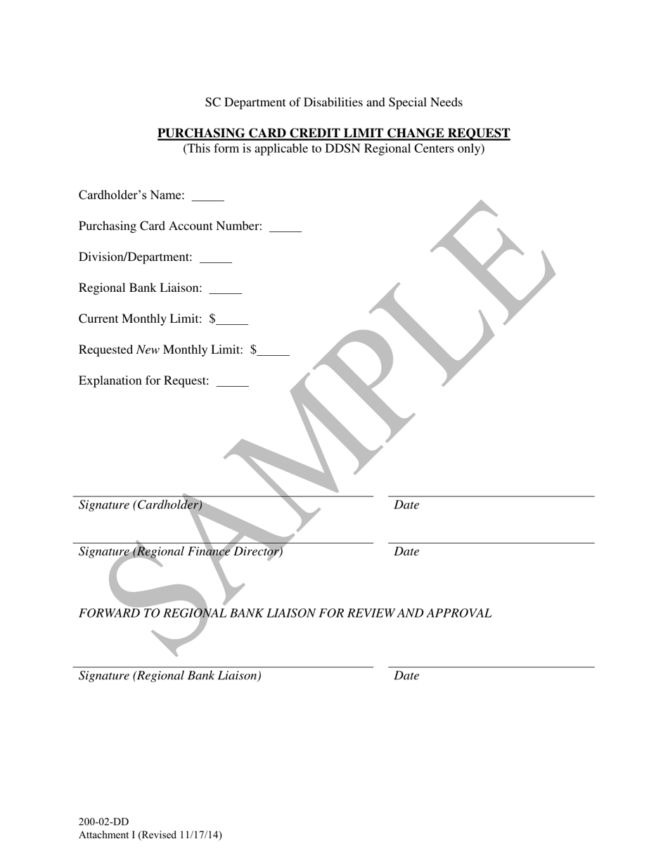 Attachment I Purchasing Card Credit Limit Change Request - Sample - South Carolina, Page 1