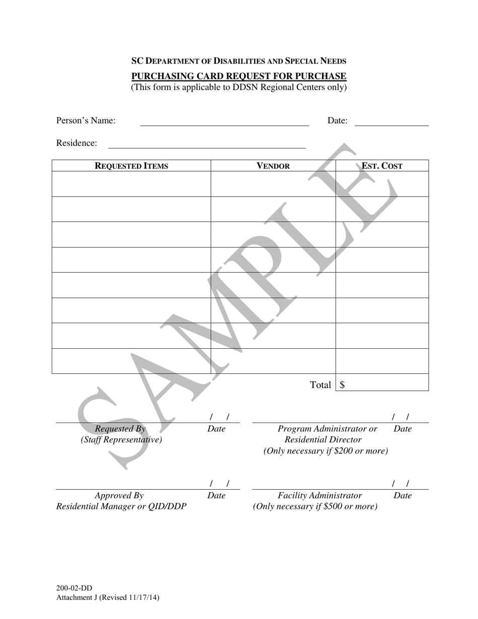Attachment J Purchasing Card Request for Purchase - Sample - South Carolina, Page 1