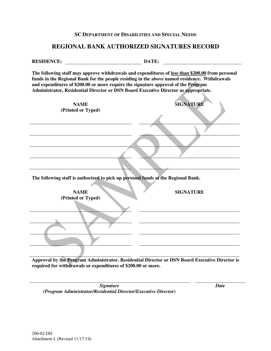 Attachment L Regional Bank Authorized Signatures Record - Sample - South Carolina, Page 1