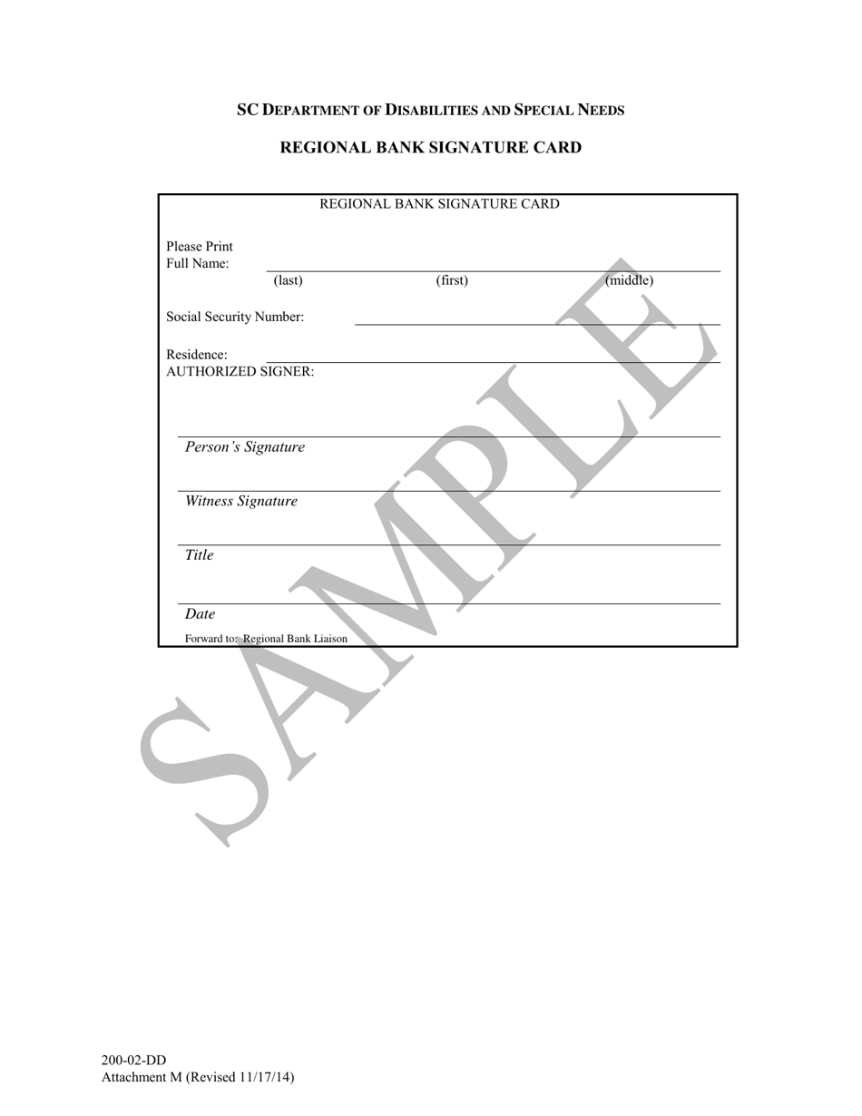 Attachment M Regional Bank Signature Card - Sample - South Carolina, Page 1