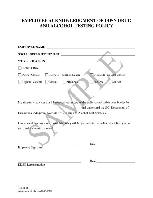 Attachment A Employee Acknowledgment of Ddsn Drug and Alcohol Testing Policy - Sample - South Carolina