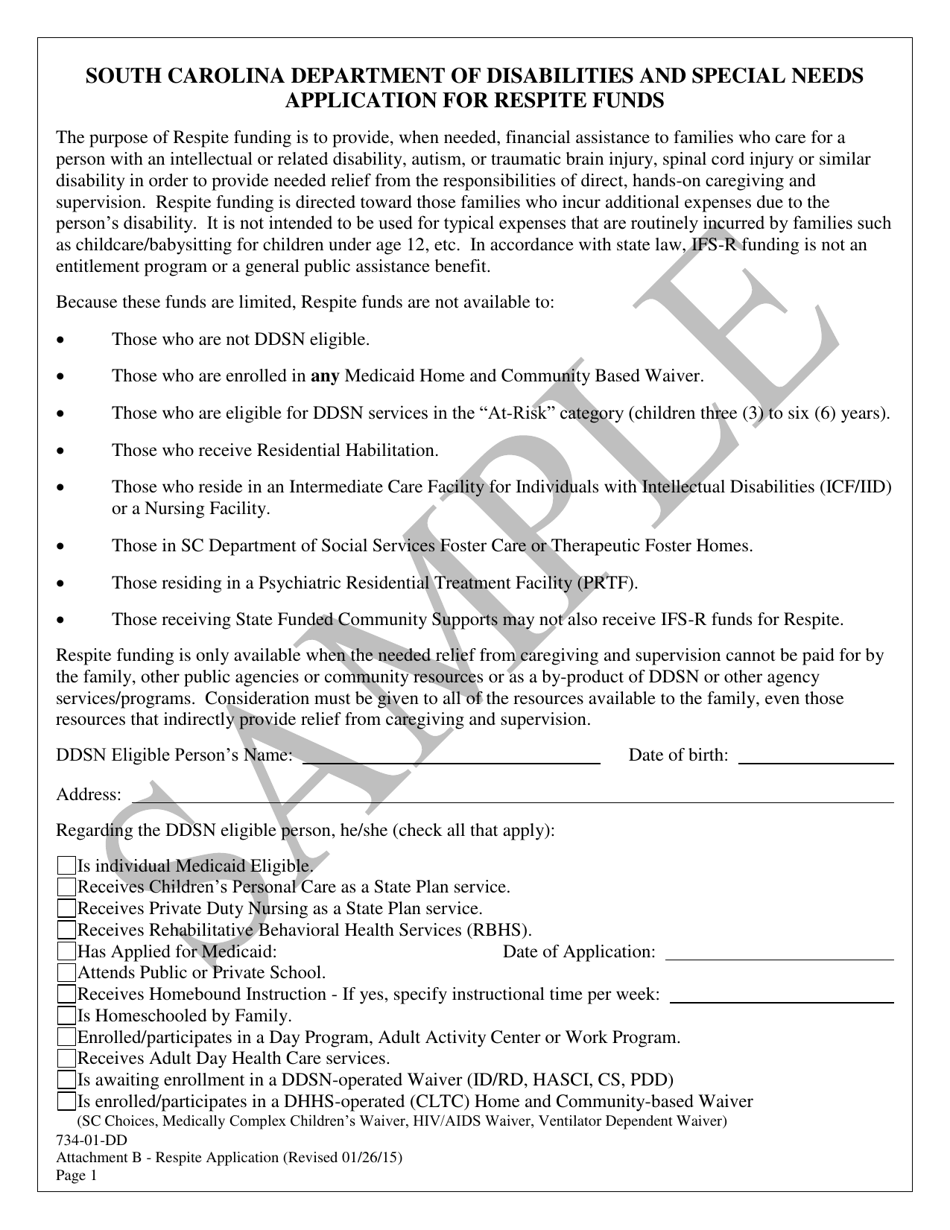 Attachment B Application for Respite Funds - Sample - South Carolina, Page 1