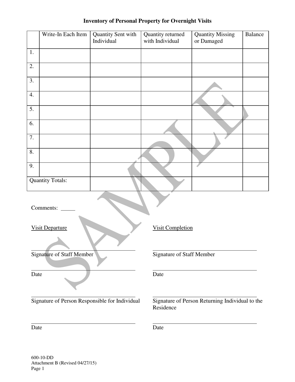 Attachment B Inventory of Personal Property for Overnight Visits - Sample - South Carolina, Page 1