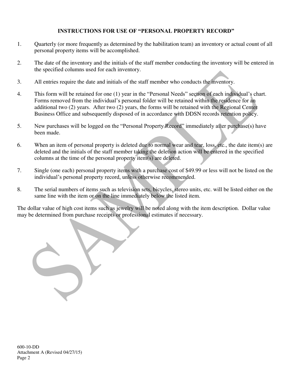 Attachment A Personal Property Record - Clothing  Non-clothing Items $50 or Greater - Sample - South Carolina, Page 2