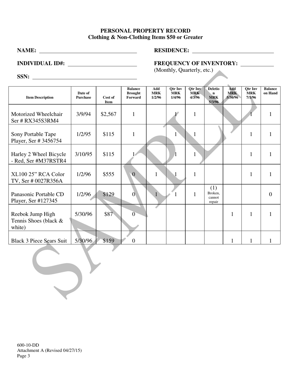 Attachment A Personal Property Record - Clothing  Non-clothing Items $50 or Greater - Sample - South Carolina, Page 3