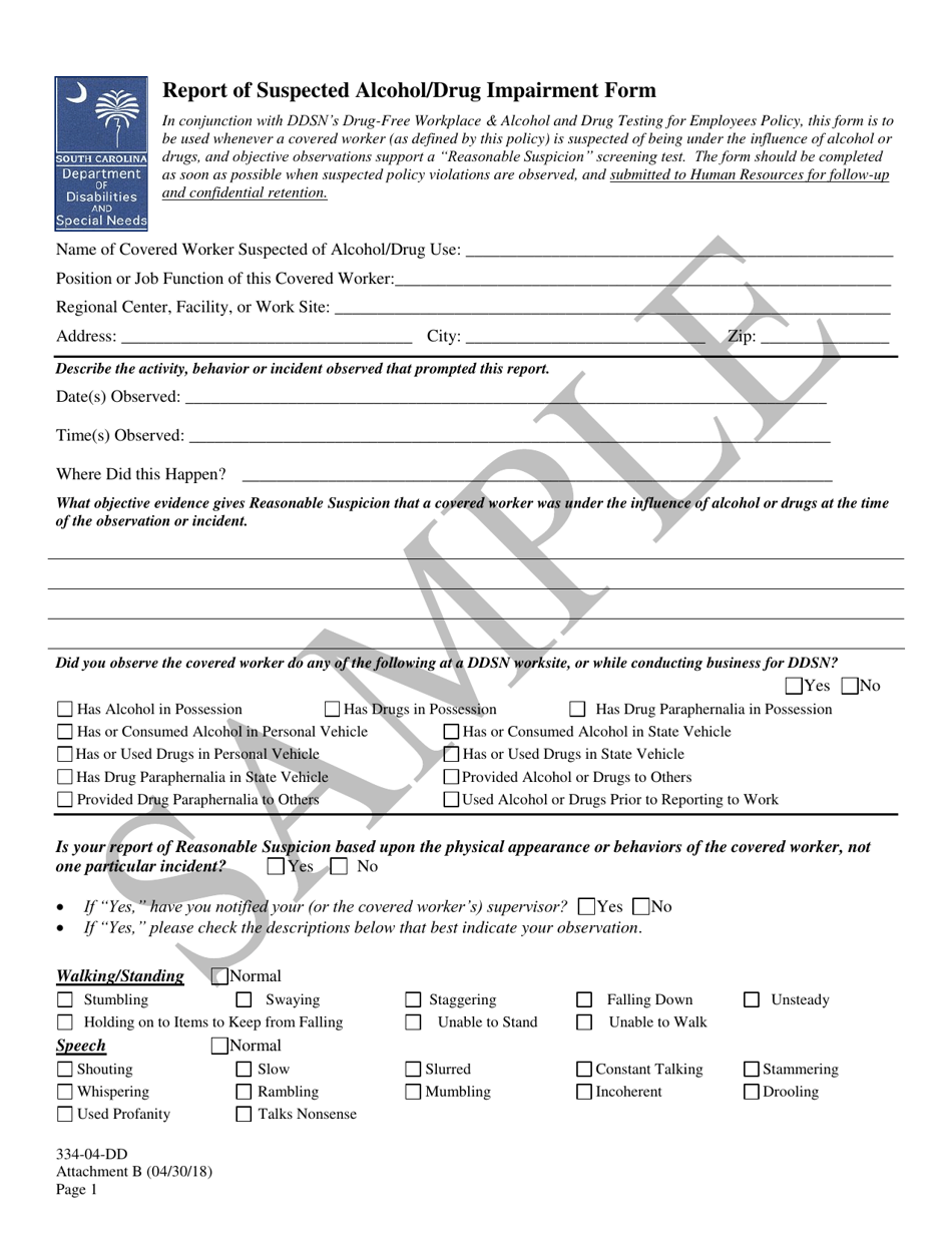 Attachment B Report of Suspected Alcohol / Drug Impairment Form - Sample - South Carolina, Page 1