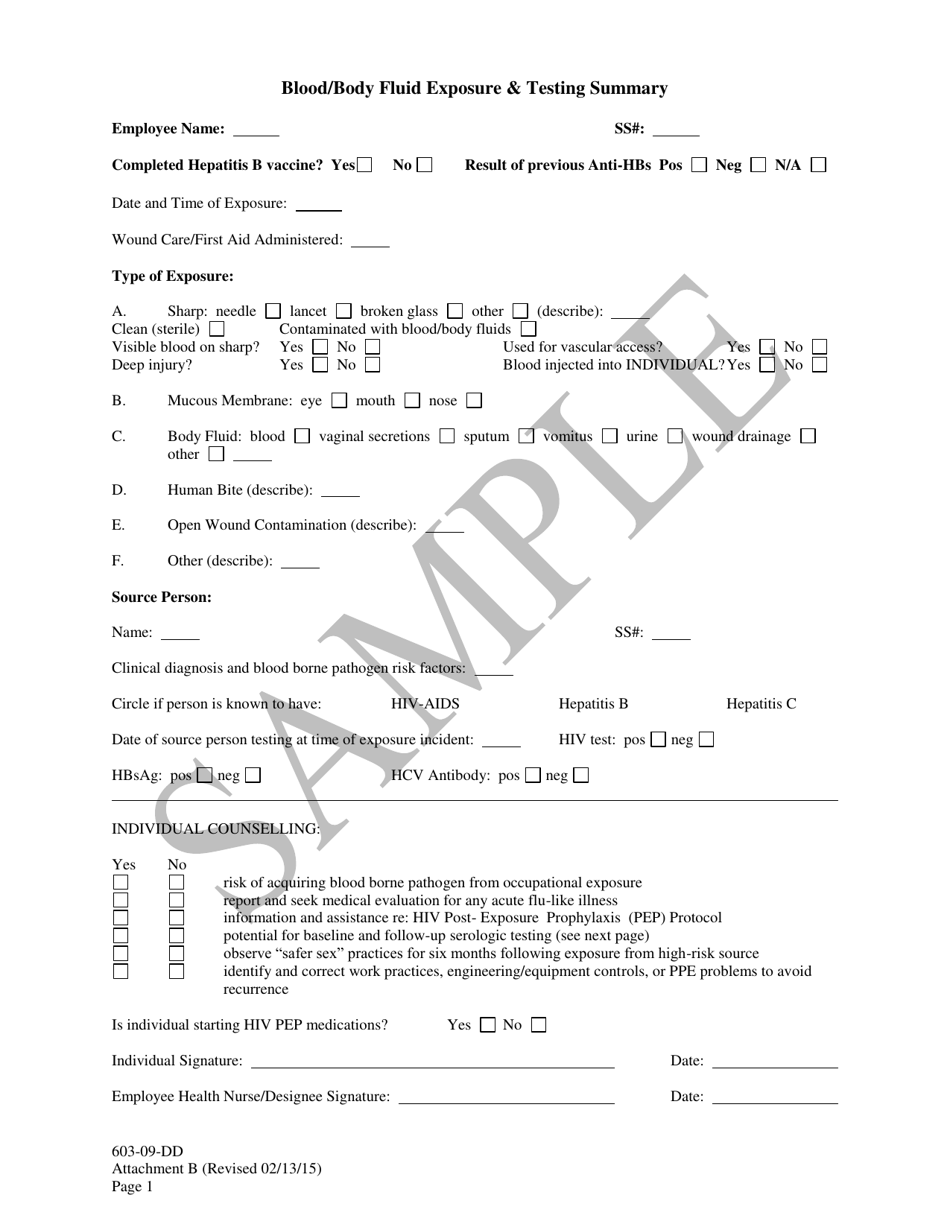 South Carolina Blood/Body Fluid Exposure & Testing Summary Sample