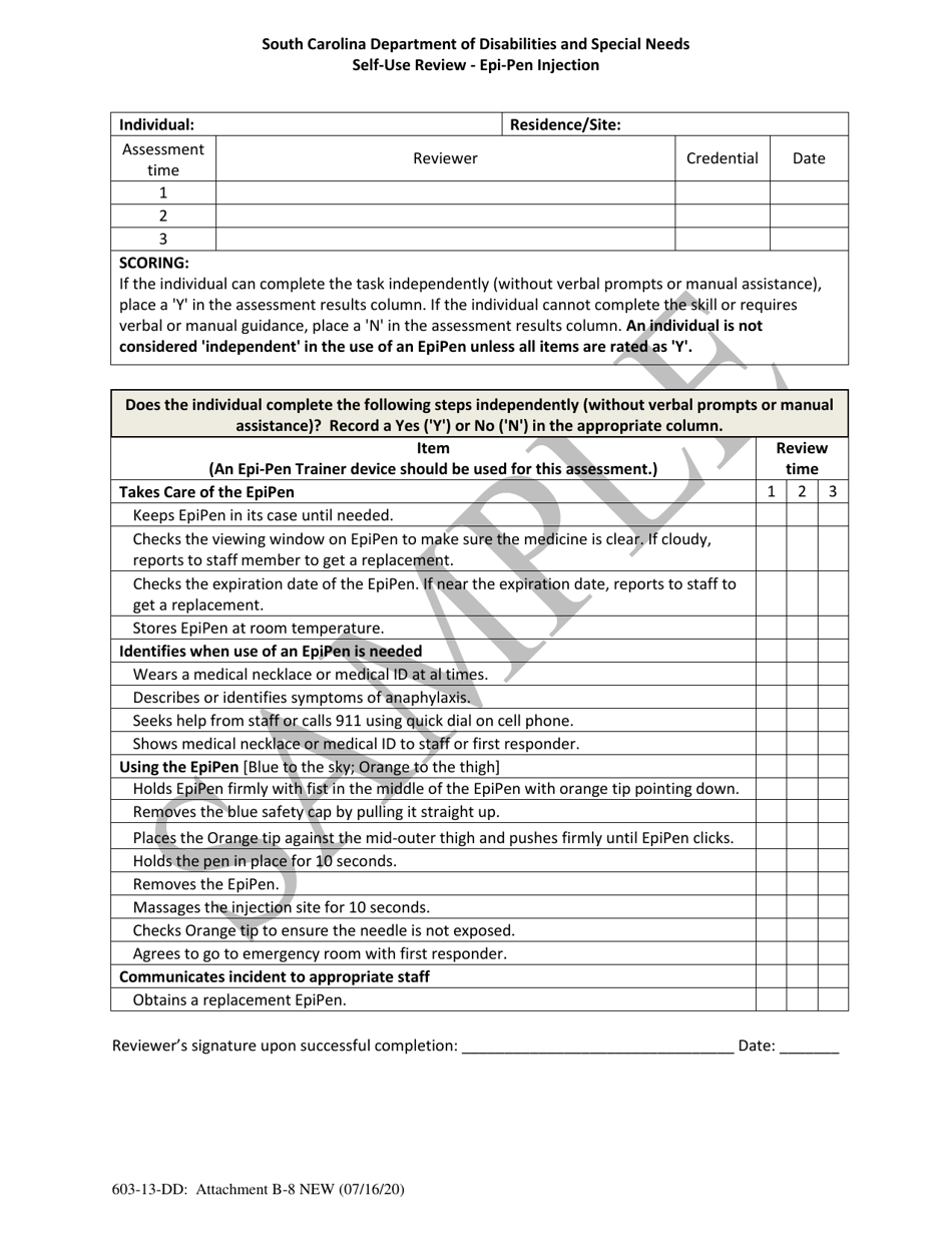 Attachment B-8 Self-use Review - Epi-Pen Injection - Sample - South Carolina, Page 1