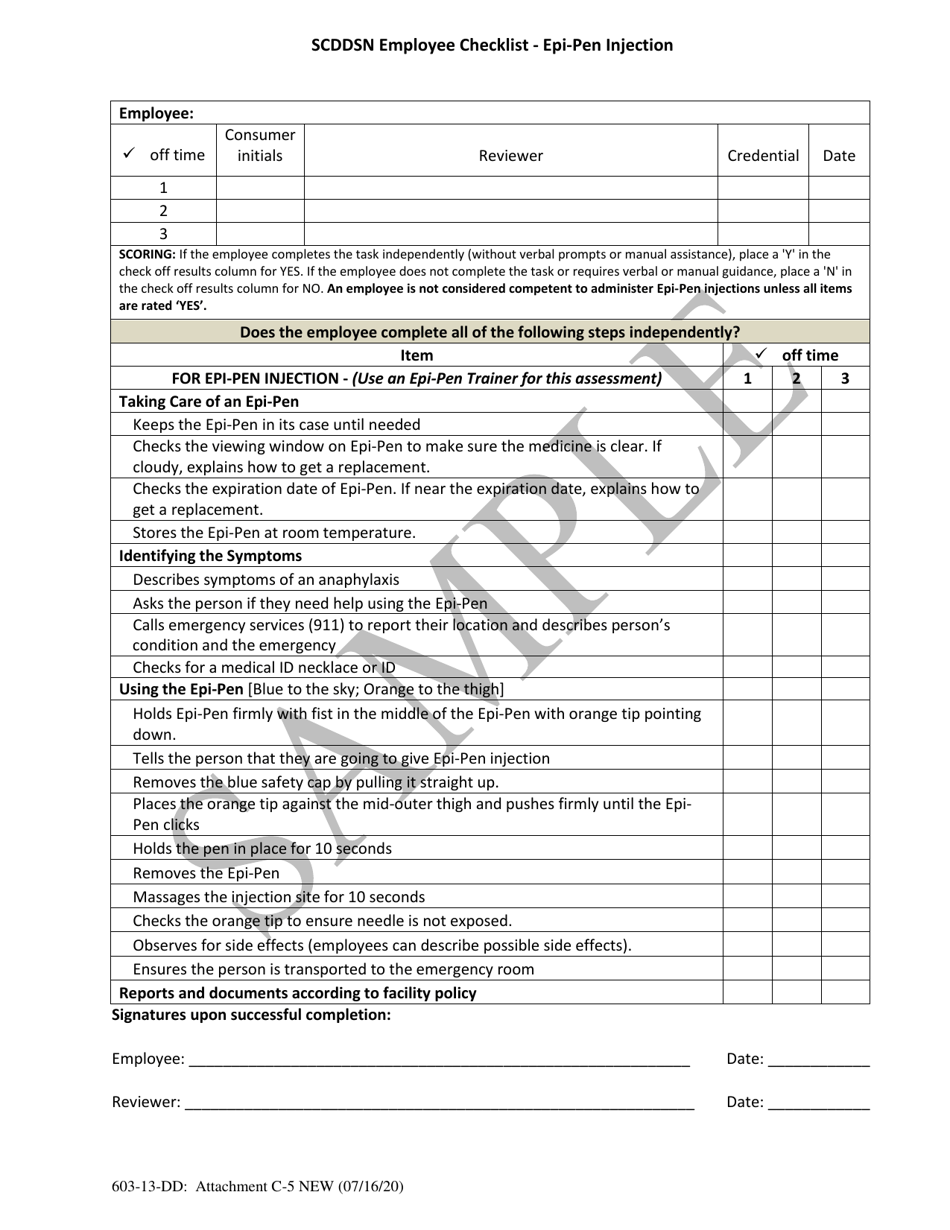 South Carolina Scddsn Employee Checklist - Epi-Pen Injection - Sample ...