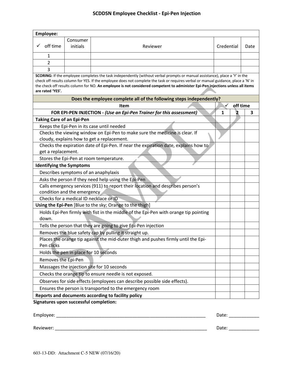 Attachment C-5 Scddsn Employee Checklist - Epi-Pen Injection - Sample - South Carolina, Page 1