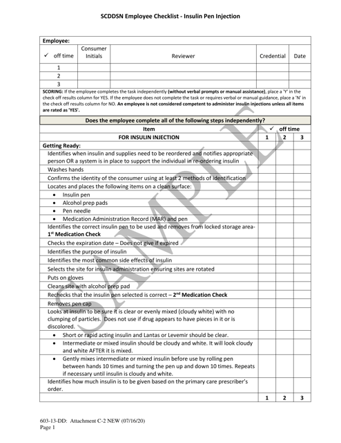 Attachment C-2 Scddsn Employee Checklist - Insulin Pen Injection - Sample - South Carolina