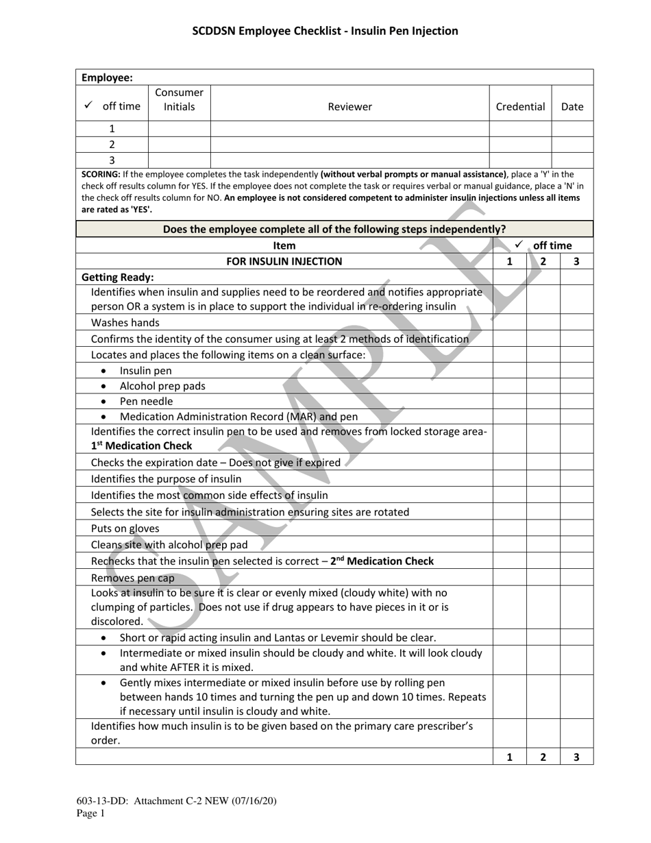 Attachment C-2 Scddsn Employee Checklist - Insulin Pen Injection - Sample - South Carolina, Page 1