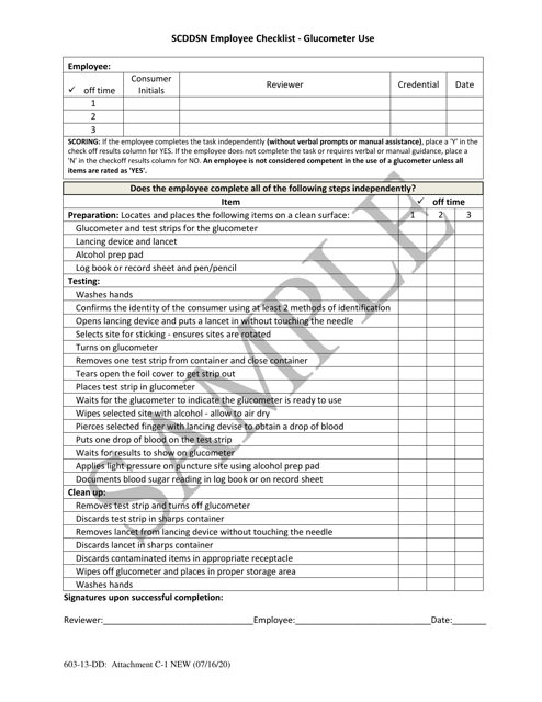 Attachment C-1 Scddsn Employee Checklist - Glucometer Use - Sample - South Carolina