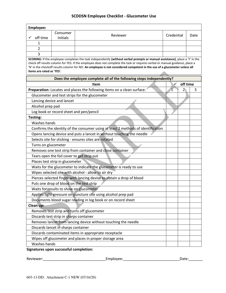 Attachment C-1 Scddsn Employee Checklist - Glucometer Use - Sample - South Carolina, Page 1