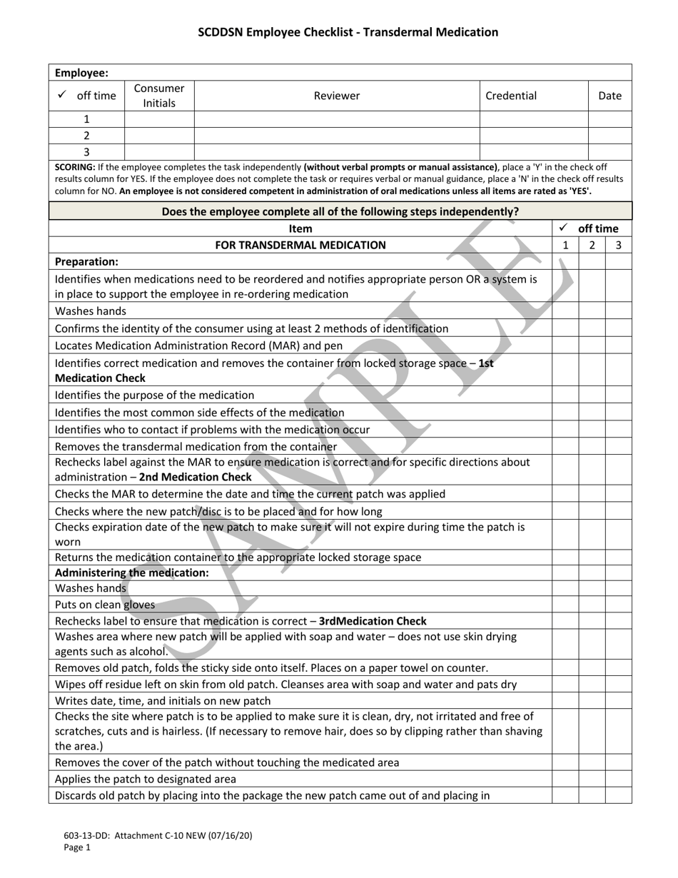 Attachment C-10 Scddsn Employee Checklist - Transdermal Medication - Sample - South Carolina, Page 1