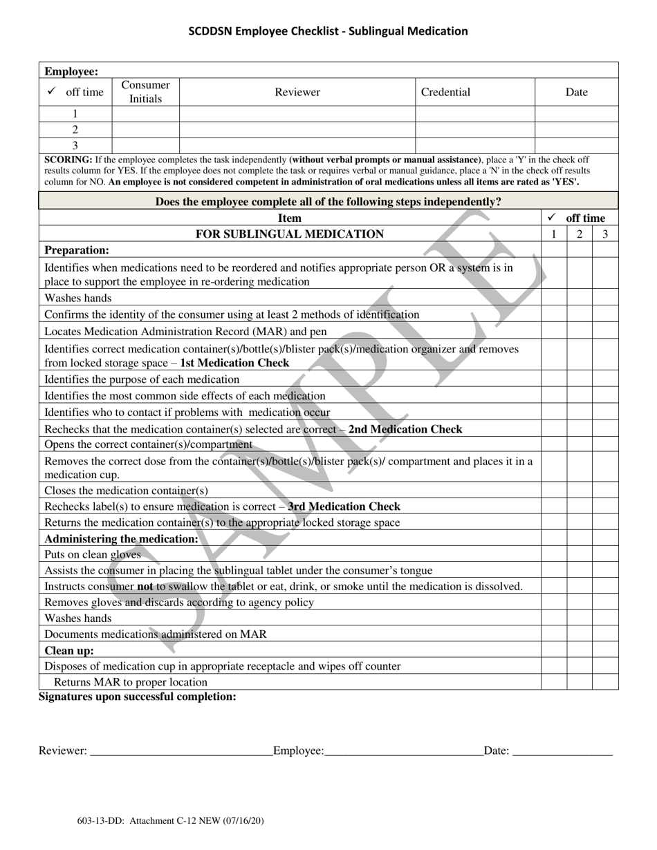 Attachment C-12 Scddsn Employee Checklist - Sublingual Medication - Sample - South Carolina, Page 1