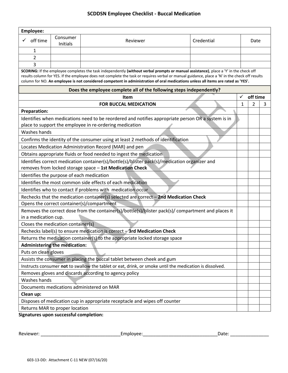 Attachment C-11 Scddsn Employee Checklist - Buccal Medication - Sample - South Carolina, Page 1