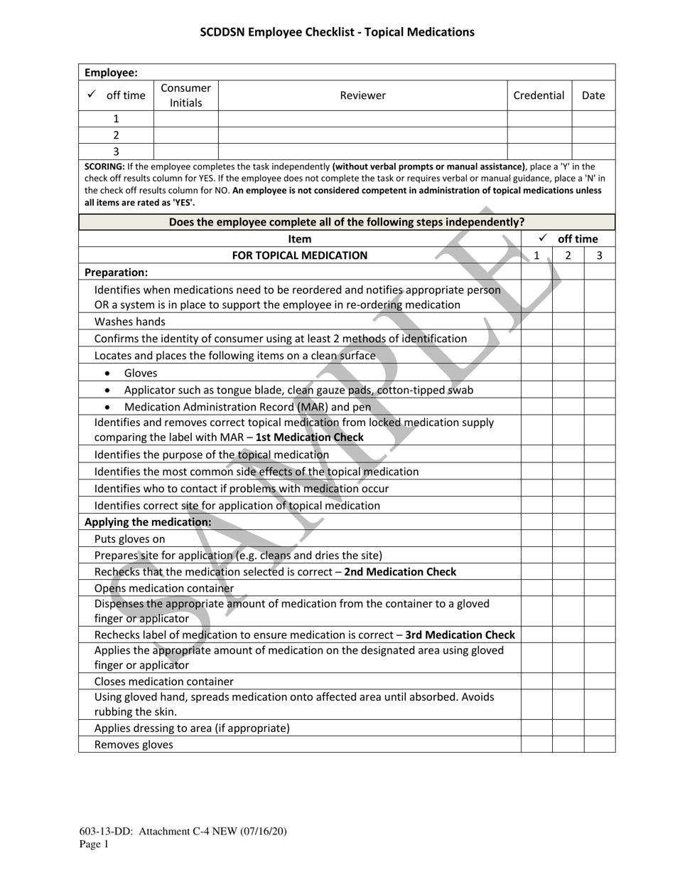 Attachment C-4 Scddsn Employee Checklist - Topical Medications - Sample - South Carolina, Page 1