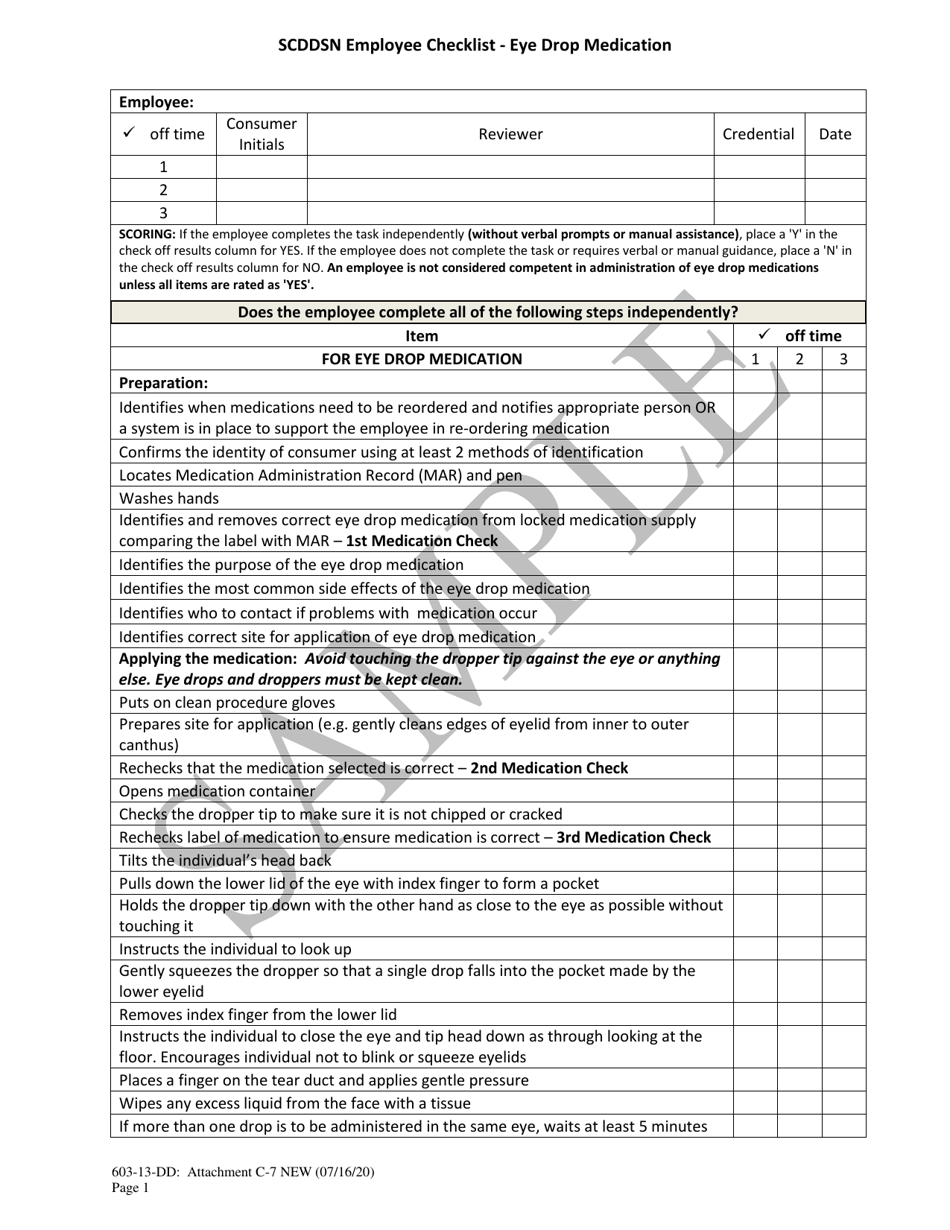 Attachment C-7 Scddsn Employee Checklist - Eye Drop Medication - Sample - South Carolina, Page 1