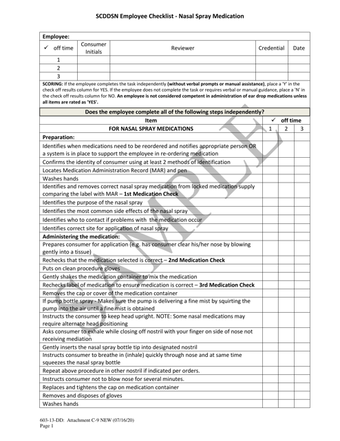 Attachment C-9 Scddsn Employee Checklist - Nasal Spray Medication - Sample - South Carolina