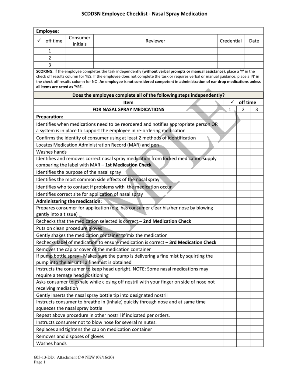 Attachment C-9 Scddsn Employee Checklist - Nasal Spray Medication - Sample - South Carolina, Page 1