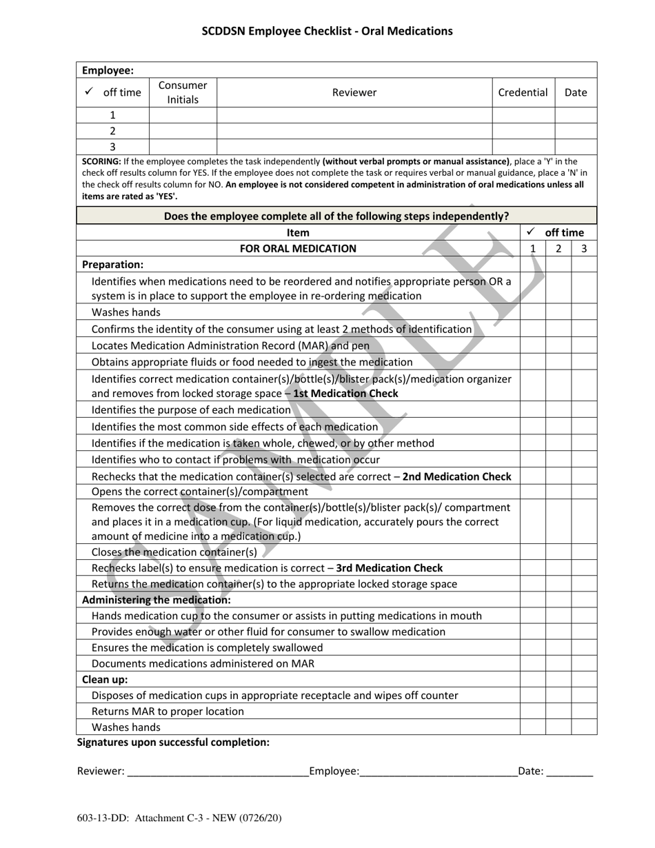 Attachment C-3 Scddsn Employee Checklist - Oral Medications - Sample - South Carolina, Page 1