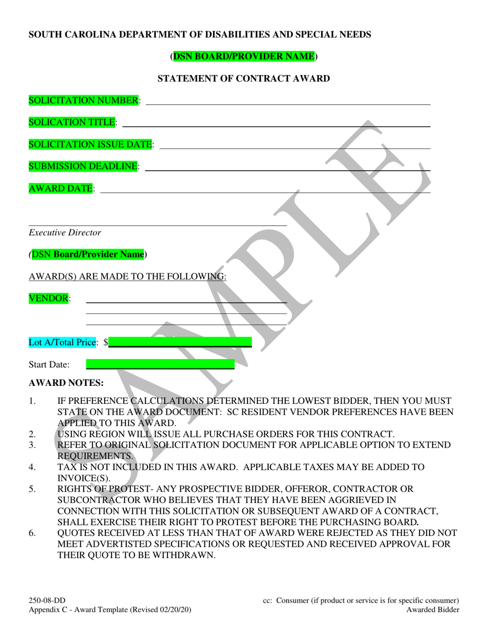 Appendix C Statement of Contract Award - Sample - South Carolina, Page 1