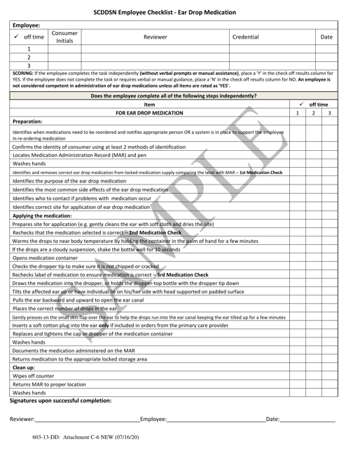 Attachment C-6 Employee Checklist - Ear Drop Medication - Sample - South Carolina