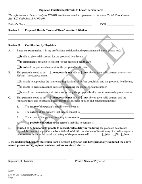 Attachment C Physician Certification/Efforts to Locate Person Form - Sample - South Carolina