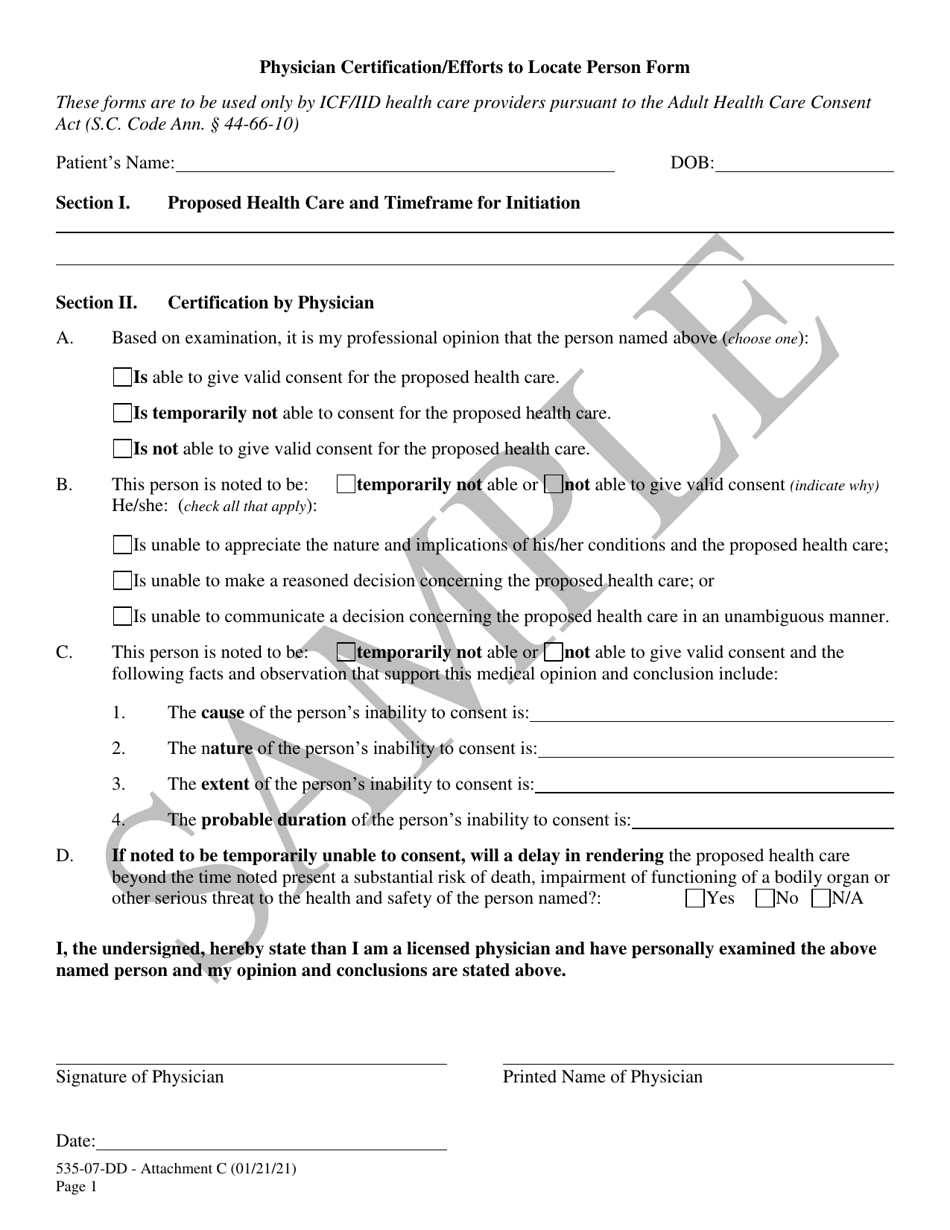 Attachment C Physician Certification / Efforts to Locate Person Form - Sample - South Carolina, Page 1
