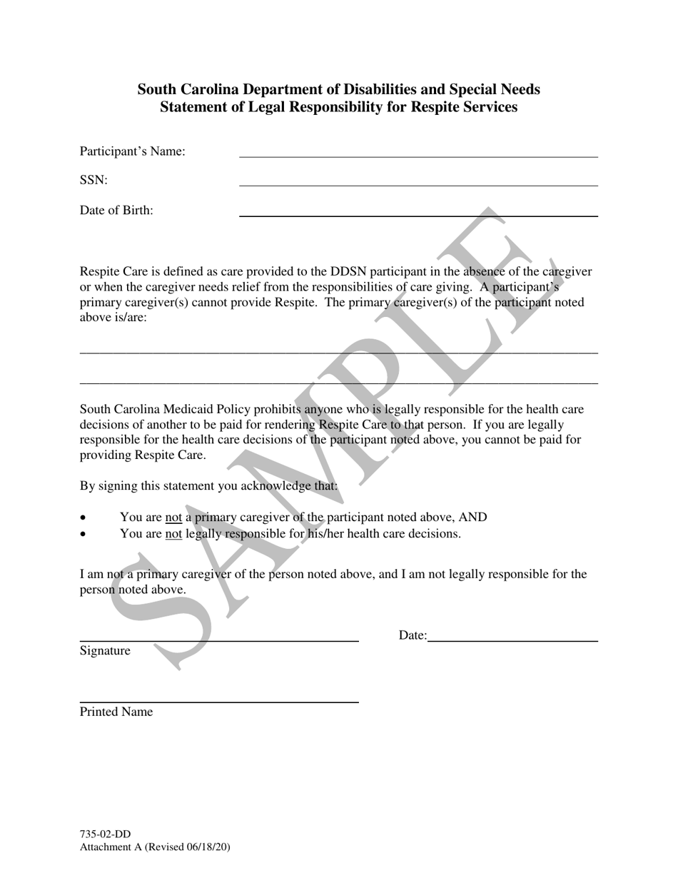 Attachment A Statement of Legal Responsibility for Respite Services - Sample - South Carolina, Page 1