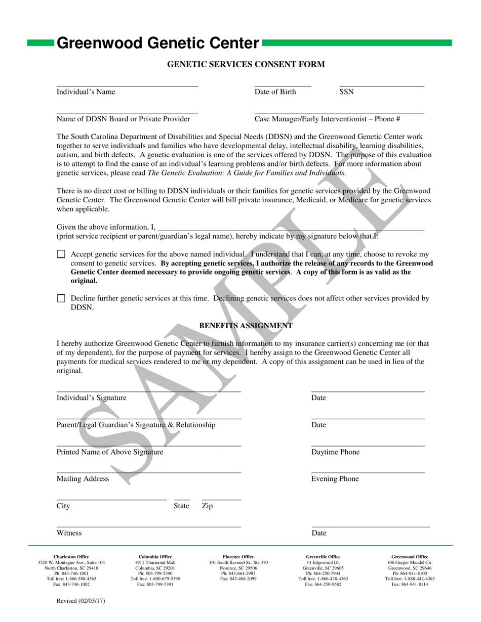 Genetic Services Consent Form - Sample - South Carolina, Page 1