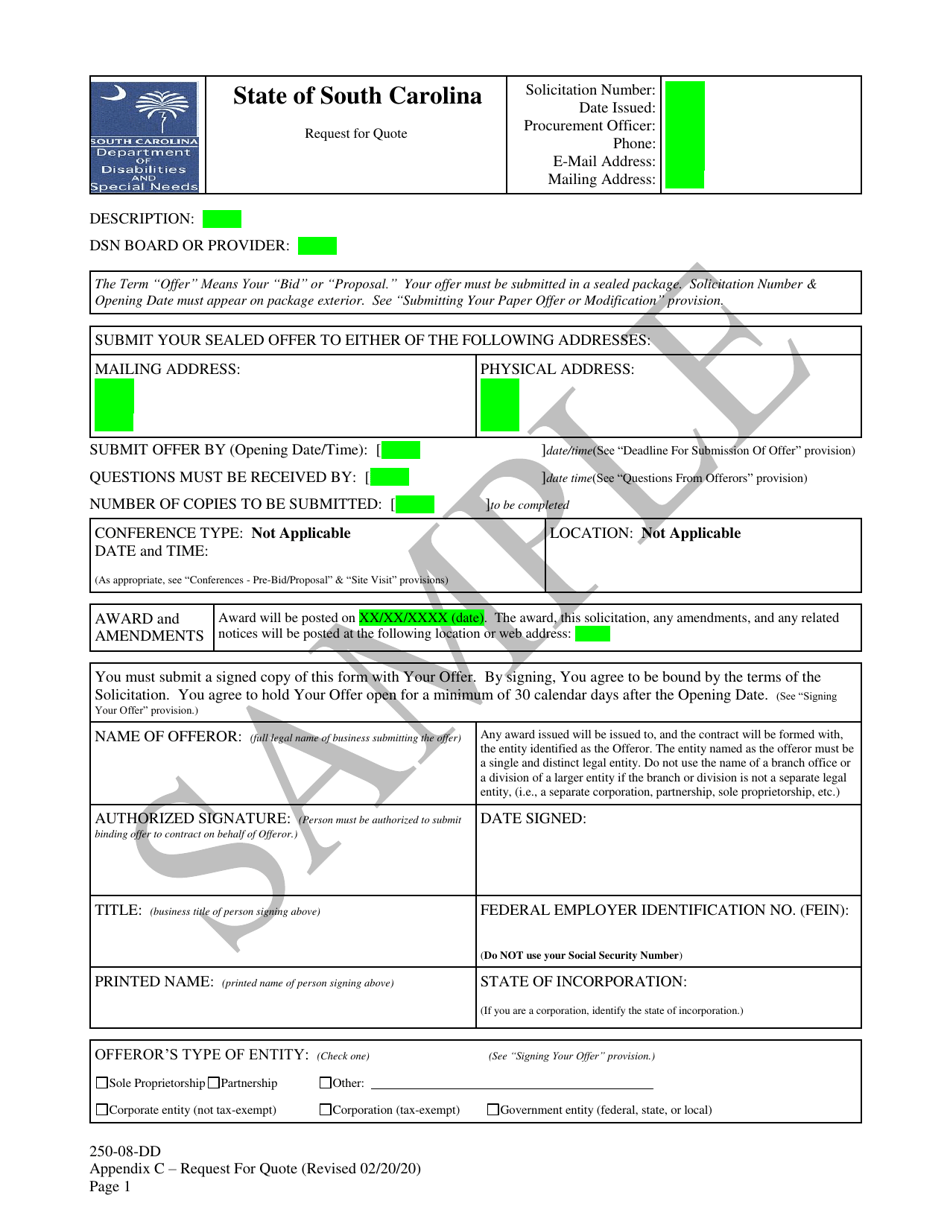Appendix C Request for Quote - Sample - South Carolina, Page 1