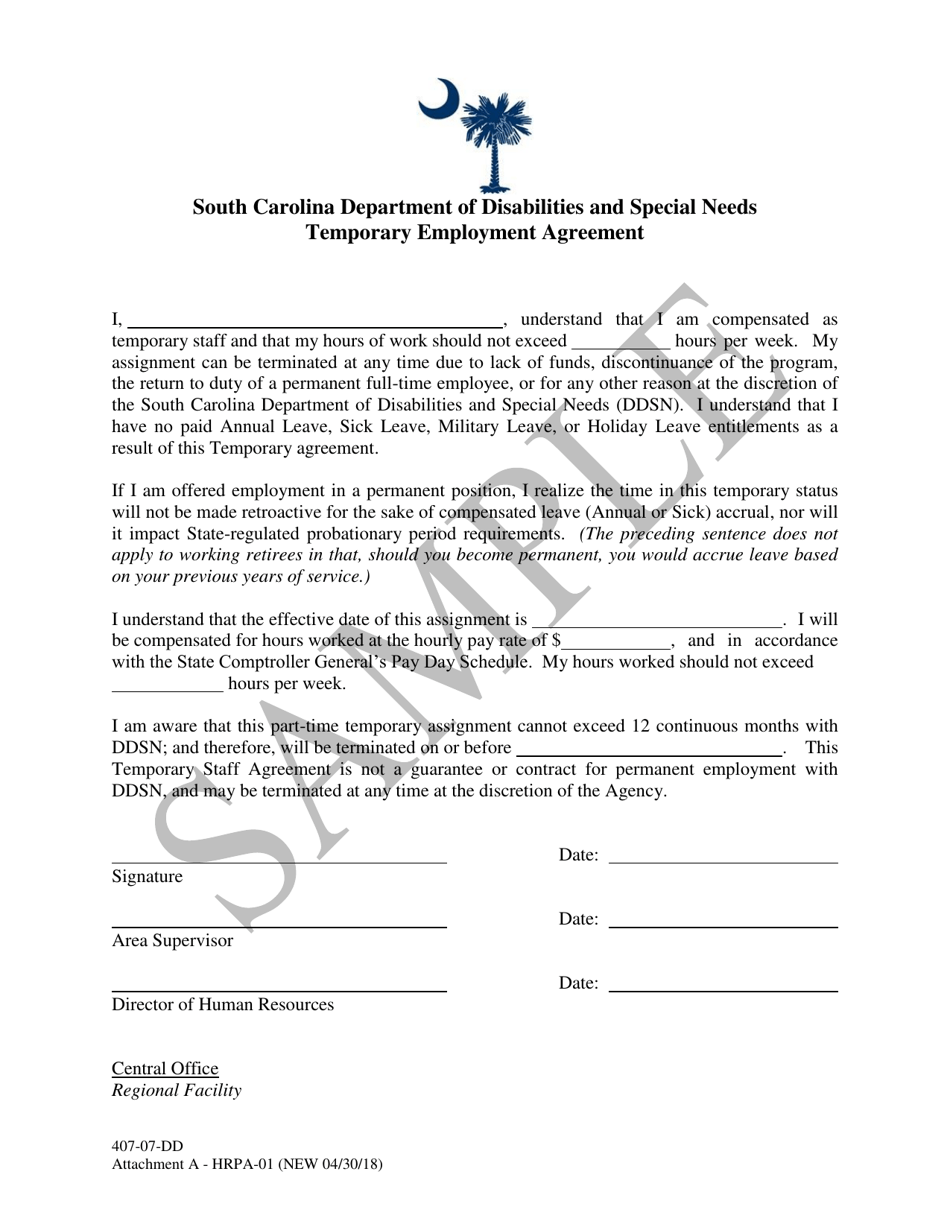 Form HRPA-01 Attachment A Temporary Employment Agreement - Sample - South Carolina, Page 1