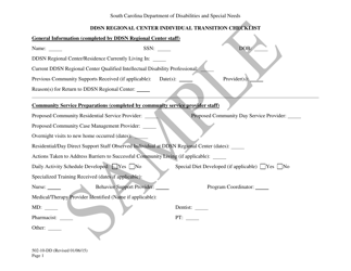 Document preview: Ddsn Regional Center Individual Transition Checklist - Sample - South Carolina