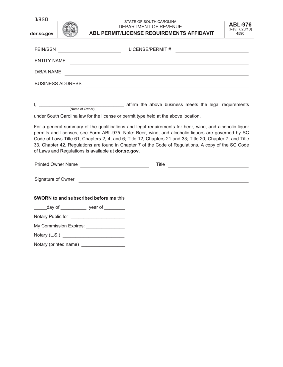 Form ABL-976 Abl Permit / License Requirements Affidavit - South Carolina, Page 1