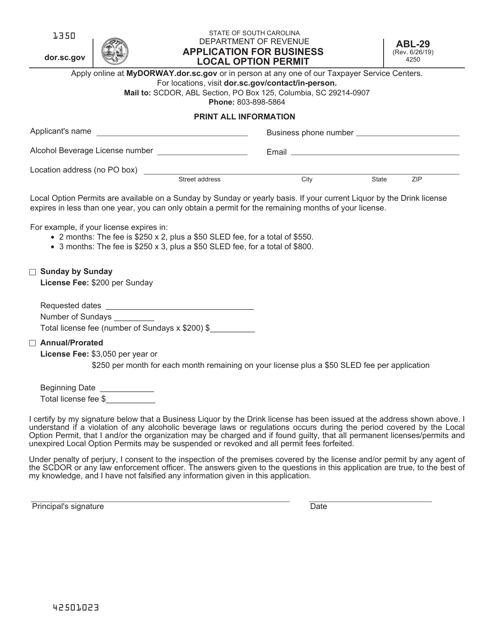 Form ABL-29 Application for Business Local Option Permit - South Carolina