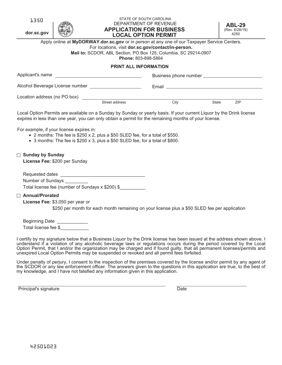 Form ABL-29 Application for Business Local Option Permit - South Carolina, Page 1