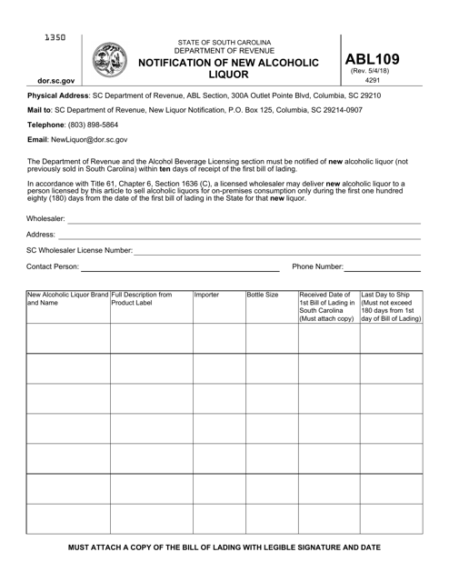 Form ABL-109 Notification of New Alcoholic Liquor - South Carolina